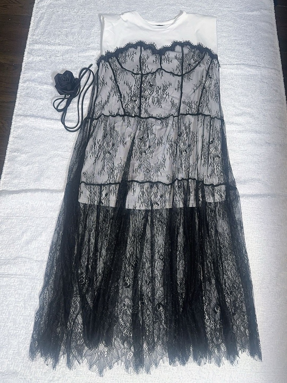 Black Lace Overlay Midi Dress with White Slip